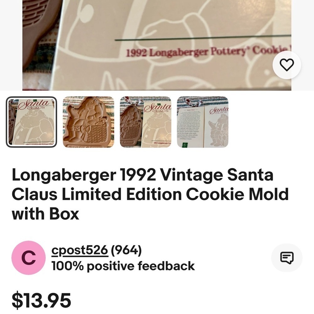Longaberger 1990 Vintage Father Christmas Limited Addition Cookie Mold with Box - Picture 12 of 12